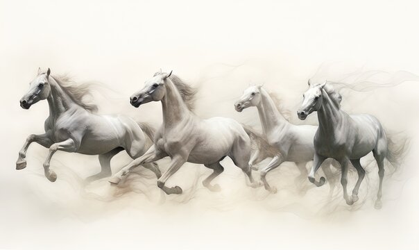  a group of horses running in a line on a foggy day with a white background and a black and white photo of the horses.  generative ai