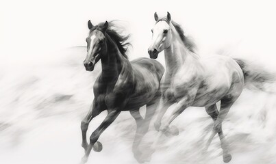 Obraz na płótnie Canvas a couple of horses running across a snow covered field in the wild, in black and white, with a blurry background behind them. generative ai