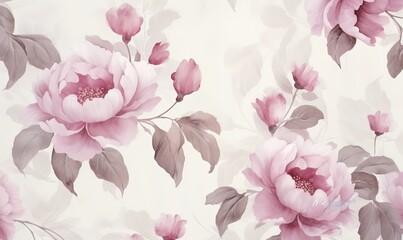  a floral wallpaper with pink flowers and leaves on a white background with pink and gray leaves on it and a light pink background with a light pink center.  generative ai