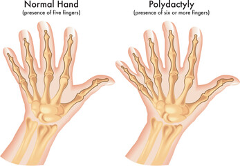Medical illustration of a hand afflicted with Polydactyly, a congenital abnormality characterized by the presence of six or more fingers.