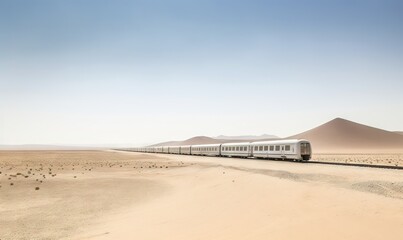  a train traveling through the desert with sand dunes in the background and a mountain range in the distance with a blue sky in the background.  generative ai