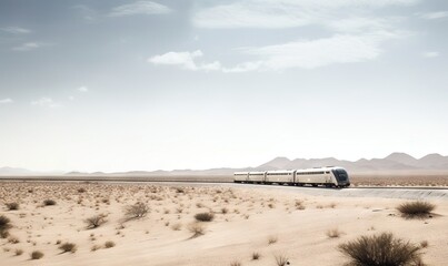  a train traveling through a desert landscape with mountains in the background on a clear day with a blue sky and clouds in the sky above.  generative ai