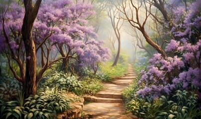  a painting of a path through a forest with purple flowers on the side of the path and trees on the other side of the path.  generative ai