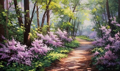 a painting of a path through a forest with purple and white flowers on the side of the path and trees on the other side of the path.  generative ai