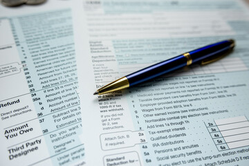 Obraz premium Blank 1040 tax form with pen