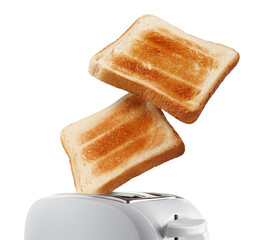 Roasted toasts popping out of a white toaster, cut out