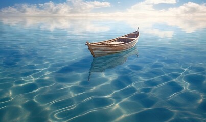 Fototapeta premium a small boat floating on top of a lake under a blue sky with clouds in the sky and water ripples on the surface of the water. generative ai