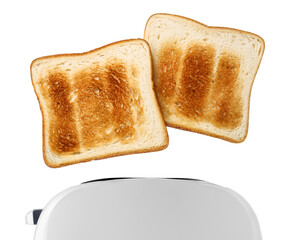 Roasted toasts popping out of a white toaster, cut out