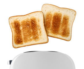 Roasted toasts popping out of a white toaster, cut out