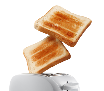 Roasted toasts popping out of a white toaster, cut out