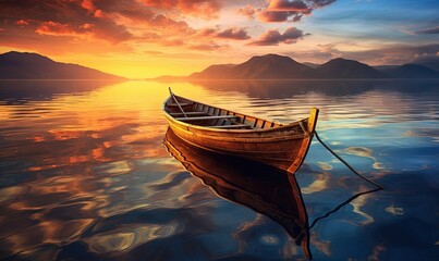  a boat floating on top of a body of water under a cloudy sky with mountains in the background and a sunset in the distance behind.  generative ai