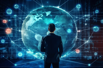 Man project office manager, working at evening in crystals lights office. Modern earth in a web of satellites. High quality illustration. Generative AI.