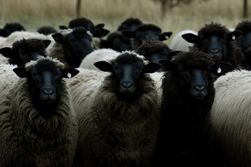 Obraz premium Black sheep in a flock of white sheeps. Generative AI