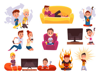 Video gaming kids set. Boys and girl playing games on joystick on game console. Kids video game addiction. Joyful teenagers.  illustration of flat design © the8monkey