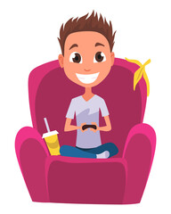 Video gaming kids. Boy playing games on joystick on game console. Kid video game addiction. Joyful teenager.  illustration of flat design