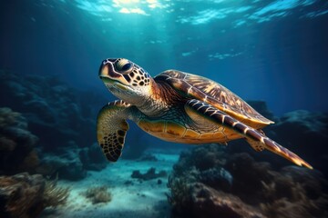 Fototapeta premium Turtle swimming in the deep sea, underwater photography. Generative AI