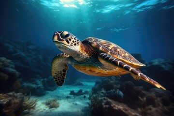 Turtle swimming in the deep sea, underwater photography. Generative AI