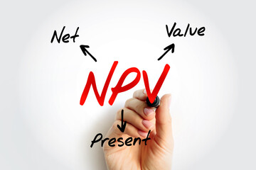 NPV Net Present Value - the cash flows at the required rate of return of your project compared to your initial investment, acronym text concept background