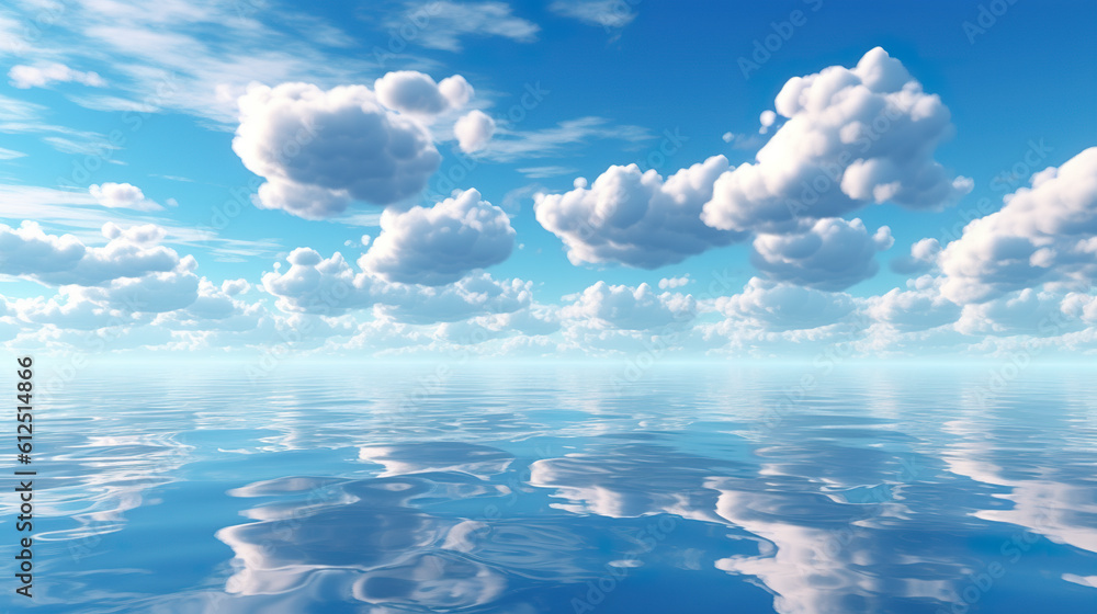 Poster a large calm sea or lake with reflection with clouds in the sky. generative ai.