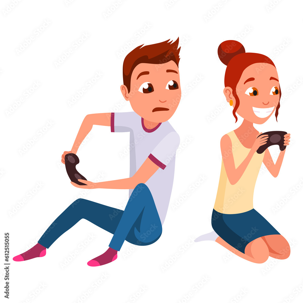 Wall mural Video gaming kids. Boy and girl playing games on joystick on game console. Kids video game addiction. Joyful teenagers.  illustration of flat design