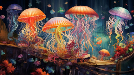 A mesmerizing composition showcasing a variety of jellyfish species, each with its unique colors and tentacle patterns, creating a vibrant and diverse underwater tapestry Generative AI