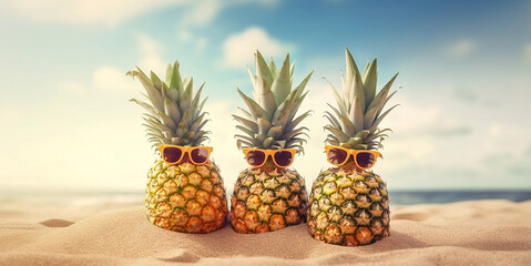photo of beach background under the open blue sky in summer  with pineapples wearing glasses. AI generated