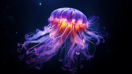 A captivating shot of a jellyfish illuminated by vibrant underwater lighting, with its translucent body and trailing tentacles creating a mesmerizing and captivating display Generative AI