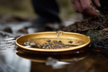 Obraz premium Finding gold. gold panning or digging. Gold on wash pan. Shallow depth of field. Generative AI