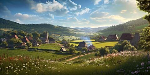 Obraz premium A picturesque village nestled among rolling hills and blooming fields, exuding charm and tranquility. Generative AI 