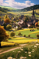 Discover a quaint village embraced by rolling hills and fields in full bloom, radiating with idyllic charm. Generative AI  