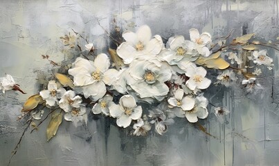  a painting of white flowers on a gray background with gold leaves and branches in the center of the painting is a horizontal painting of a gray background with white flowers.  generative ai