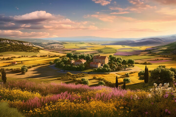 Naklejka premium A charming hamlet finds solace at the foot of rolling hills, embraced by blooming fields that lend an air of serenity. Generative AI 