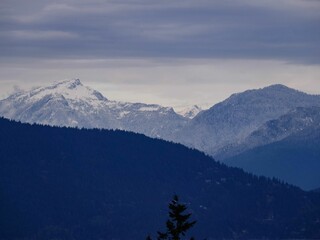 Aerial view of mountain forest silhouettes with snowcap mountains in the background in Canada