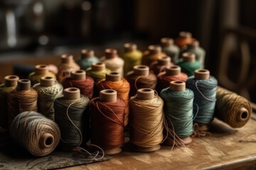 Color selection in textiles. Earthy colors. Large spool of colored threads on old work table aligned sideways. Shallow depth of field.  Generative AI