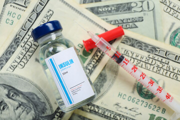 Insulin with syringe on dollar banknotes, closeup. Expensive medicine concept