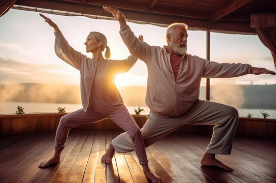Elderly senior couple in dynamic yoga pose, outdoor. Generative AI