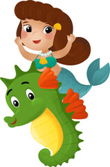 cartoon scene with mermaid princess and sea horse swimming together having fun isolated illustration for kids