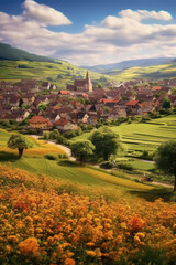 A charming village nestled at the foot of rolling hills, surrounded by blooming fields. Generative AI  