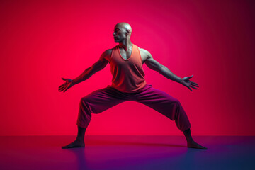 Athletic man standing in dynamic pose, wearing sleeveless red shirt, red and purple background.  Generative AI
