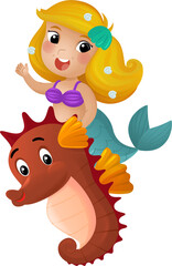 cartoon scene with mermaid princess and sea horse swimming together having fun isolated illustration for kids