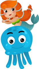 cartoon scene with mermaid princess and octopus swimming together having fun isolated illustration for kids