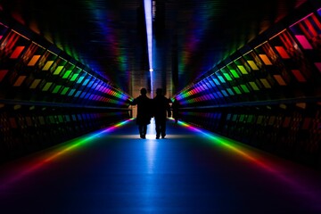 Colorful pedestrian tunnel with bright neon lights and silhouettes of people walking through it