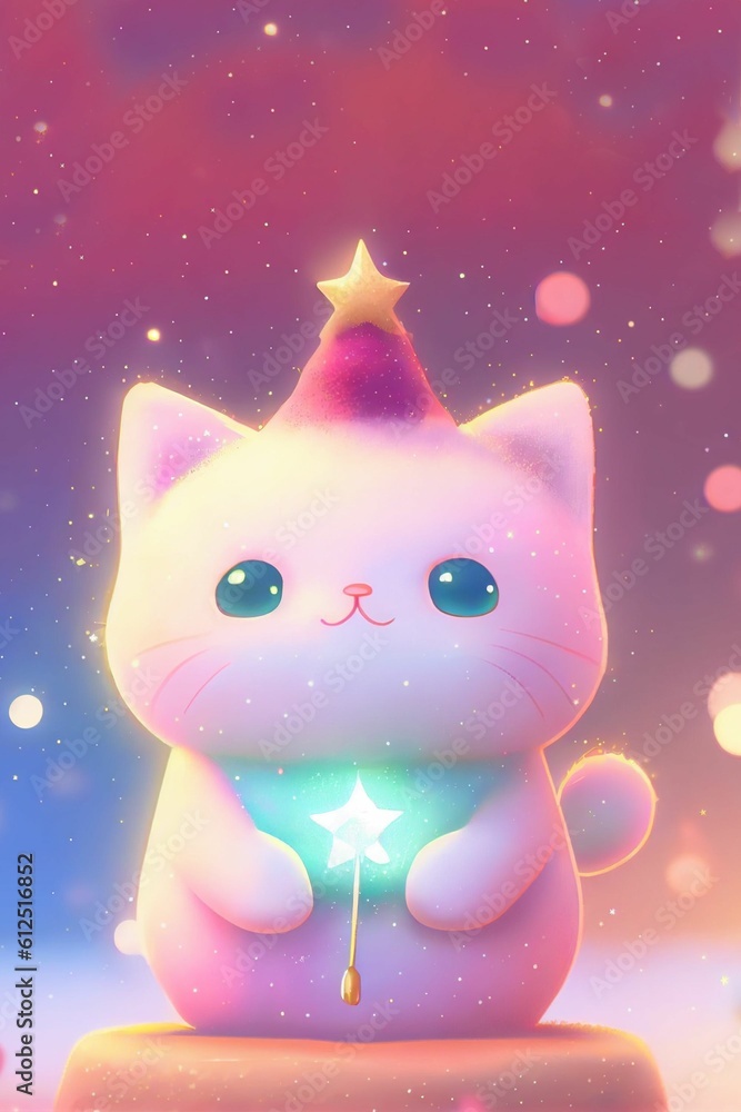 Sticker vertical illustration of a cute christmas kitten surrounded by glowing lights on empty background