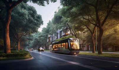 Fototapeta premium a trolley car traveling down a street next to tall buildings and trees in the evening time with a car passing by on the road next to the light. generative ai
