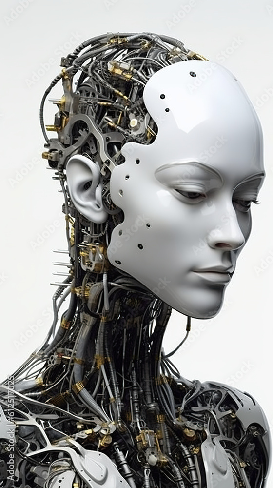 Poster a robot head with many wires attached to it. generative ai.