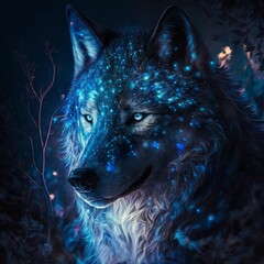 Illustration of the snout of a glowing beautiful wolf on the dark empty background