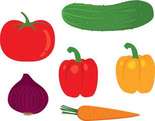 Vegetables are healthy, fresh. Cucumber, tomato, pepper, onion, carrot