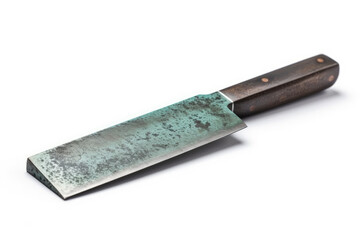 Nakiri knife isolated on white. Hand forged traditional Asian green or vegetable cutting knife with really sharpened blade with blackened sides. Generative AI