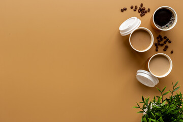 Coffee to go in many paper cups. Takeaway coffee