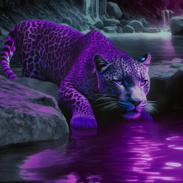 Illustration of a glowing purple leopard eating on the rocks of a water pond
